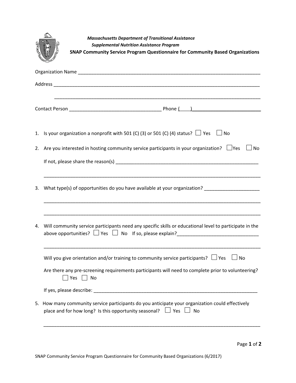 SNAP Community Service Program Questionnaire for Community Based Organizations