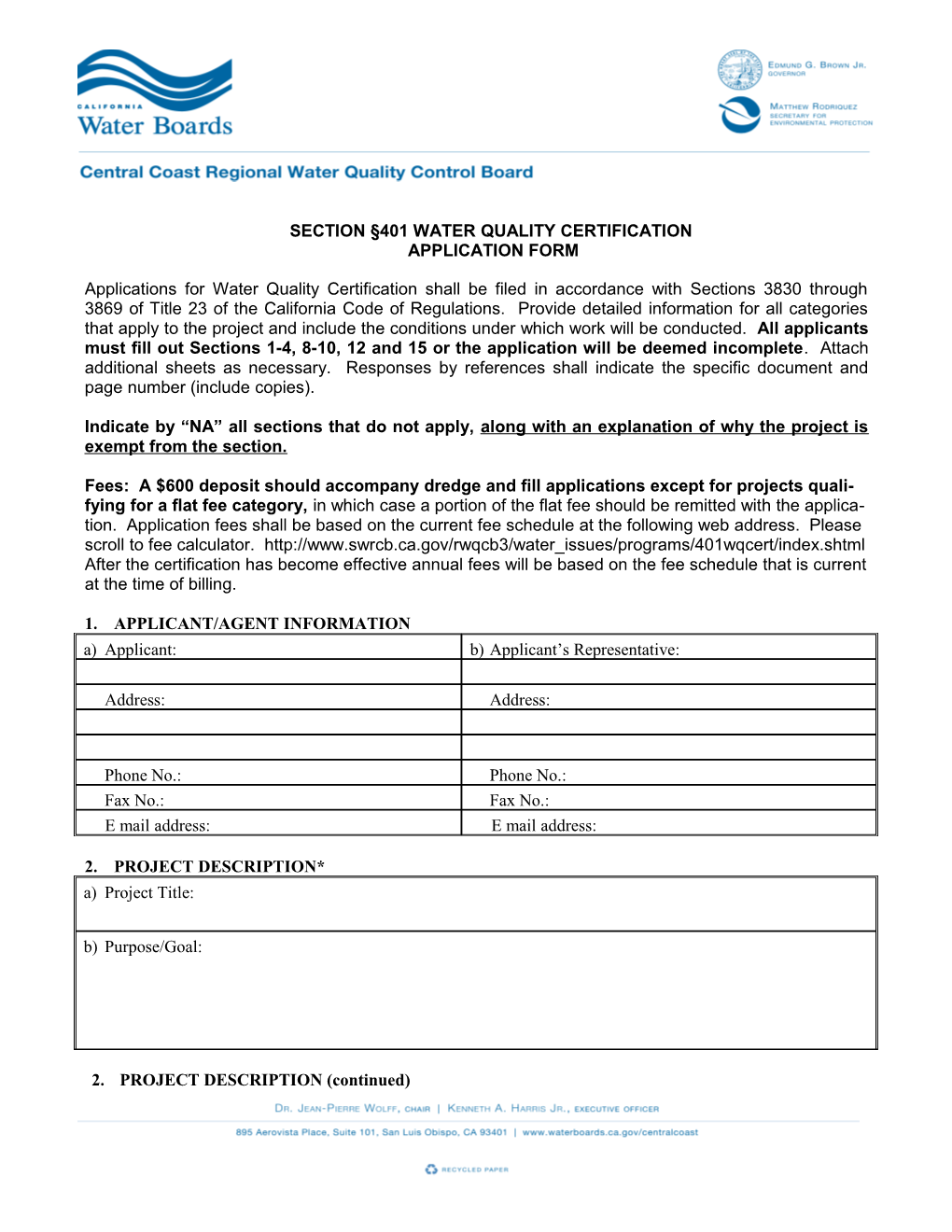 Section 401 Water Quality Certification Application Form