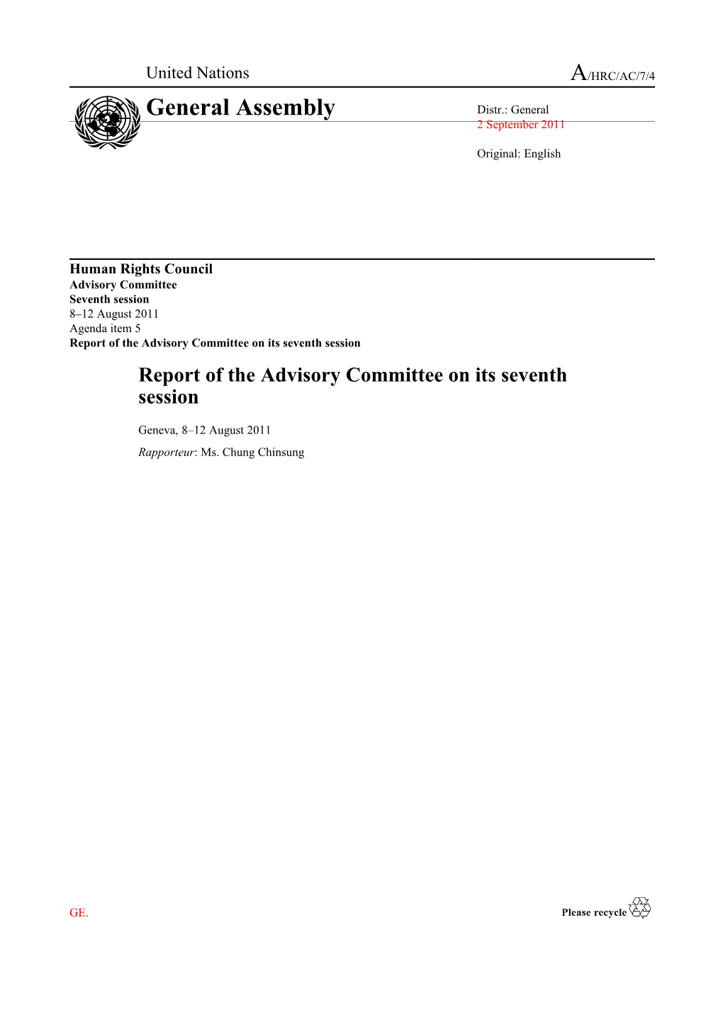 Report of the Advisory Committee on Its Seventh Session