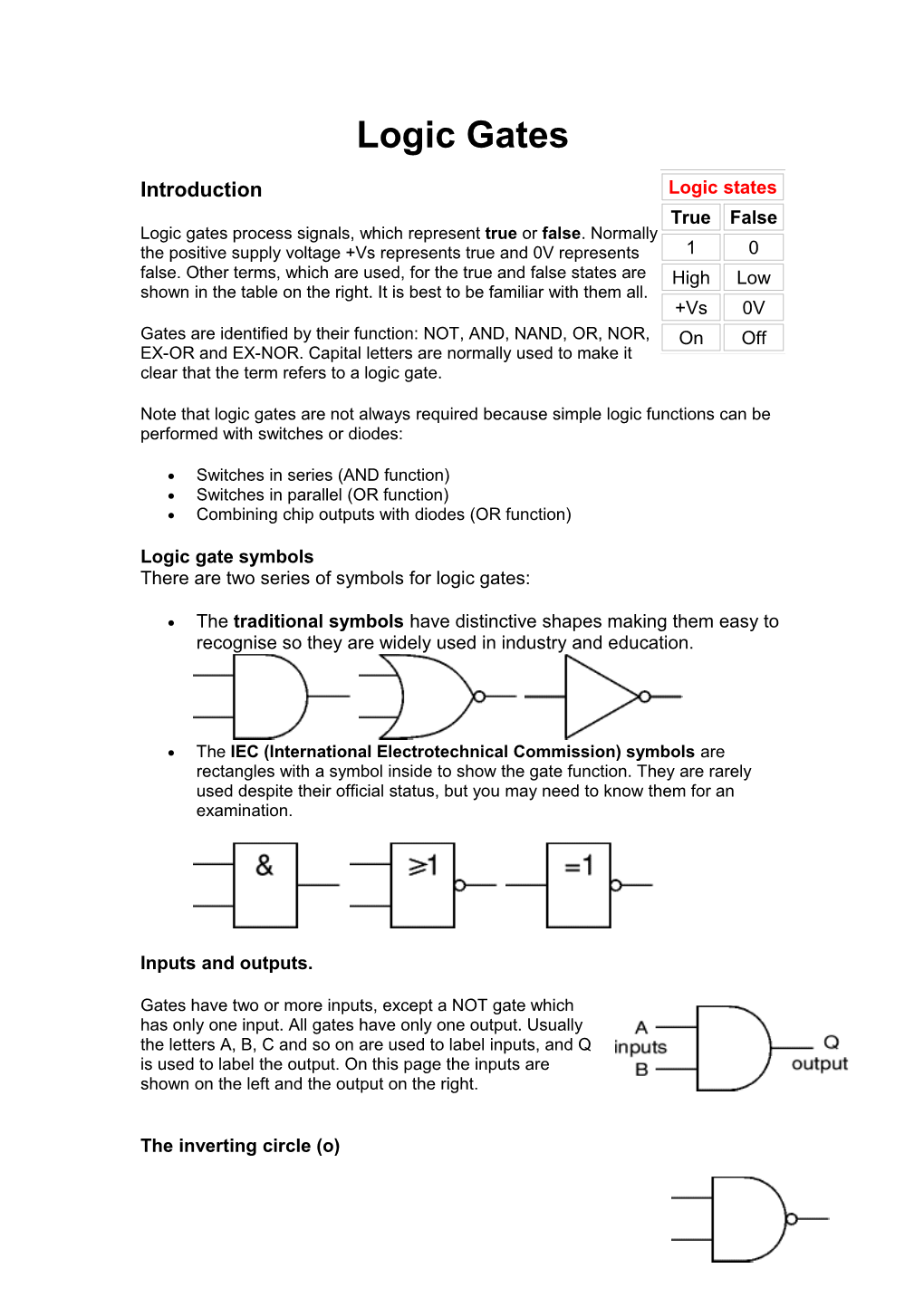 Logic Gates Process Signals, Which Represent True Or False. Normally the Positive Supply