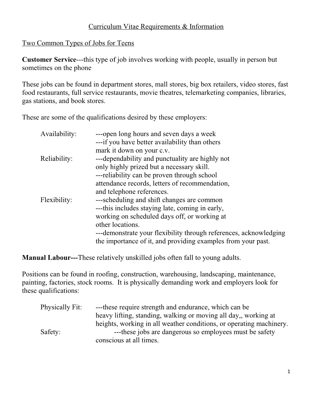 Curriculum Vitae Requirements & Information