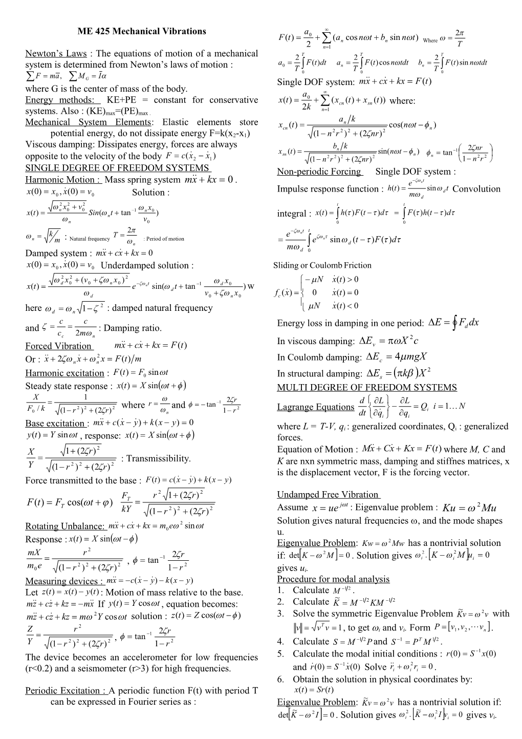 ME 425 Mechanical Vibrations