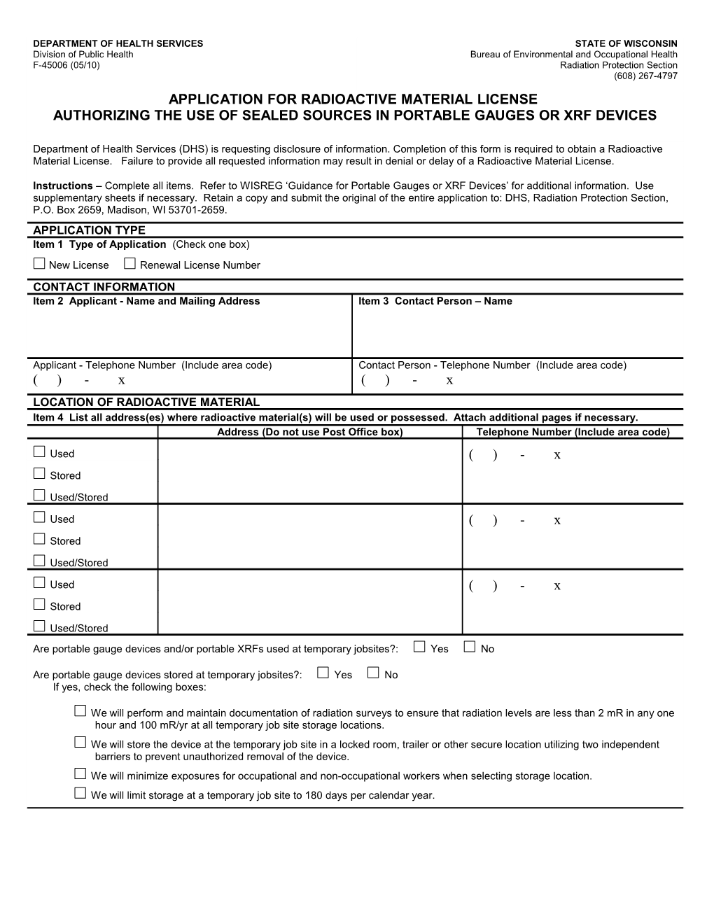 Application for Radioactive Material License Authorizing the Use of Sealed Sources in Portable
