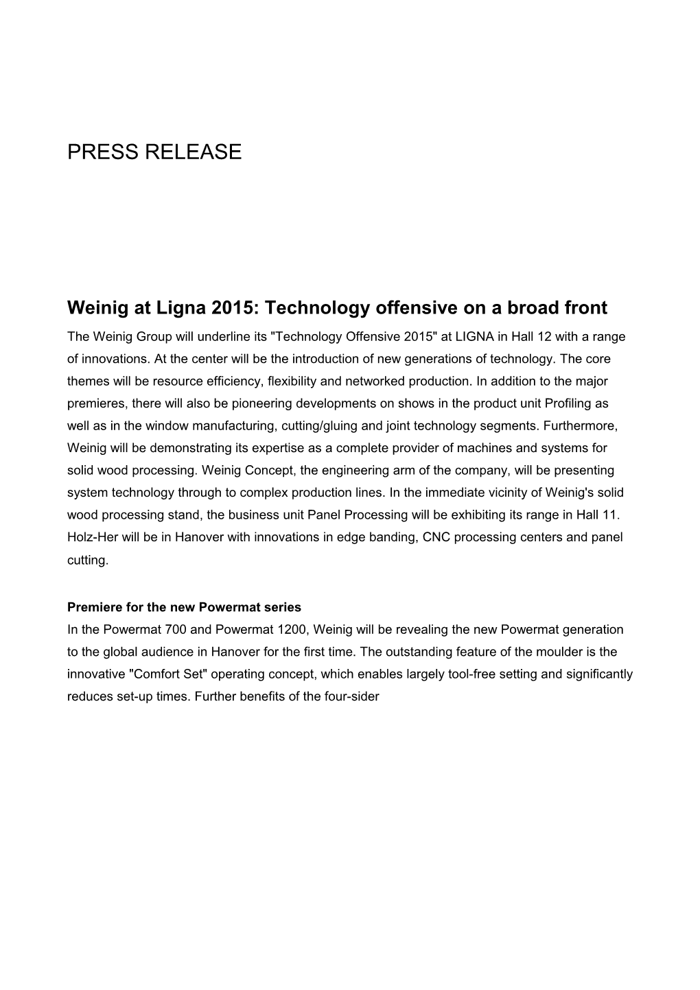 Weinig at Ligna 2015: Technology Offensive on a Broad Front