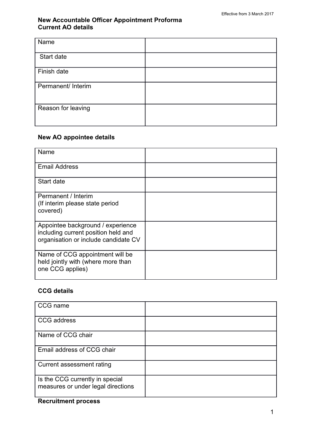 New Accountable Officer Appointment Proforma