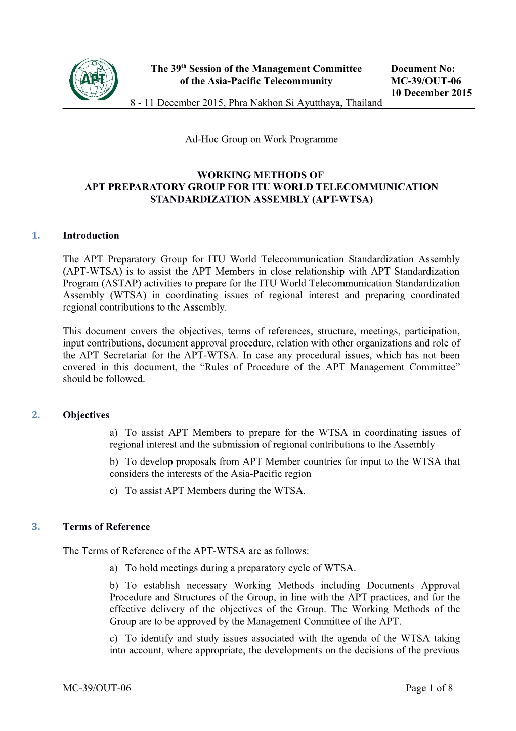 Apt Preparatory Group for Itu World Telecommunication Standardization Assembly (APT-WTSA)