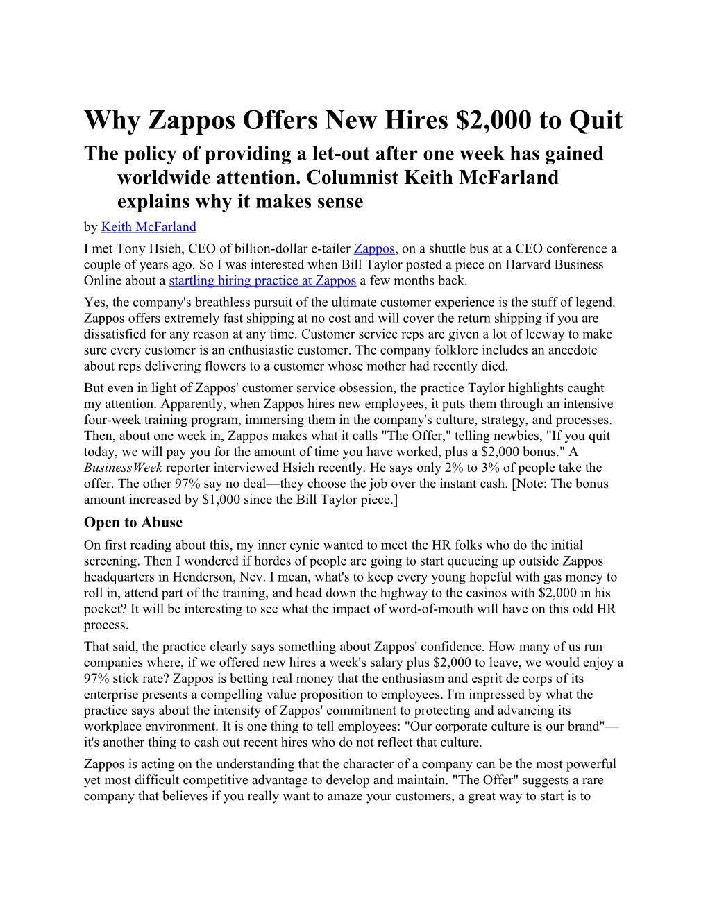 Why Zappos Offers New Hires $2,000 to Quit