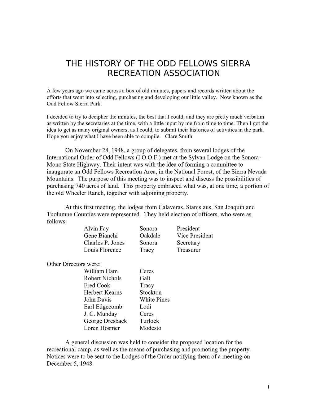 The History of the Odd Felows Sierra Recreaton Association