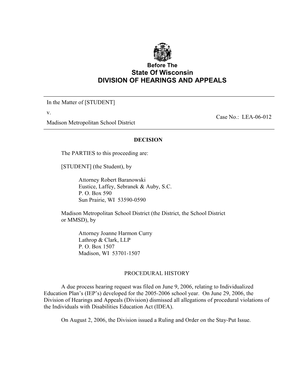 Due Process Hearing Decision LEA 06-012