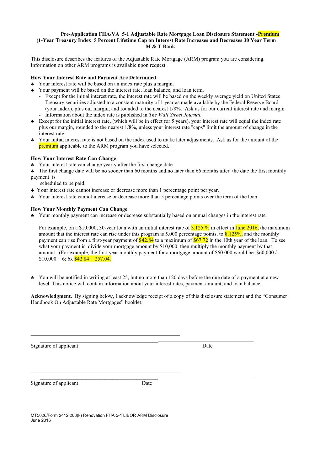 Pre-Application 5-1 Year Adjustable Rate Mortgage Loan Disclosure Statement