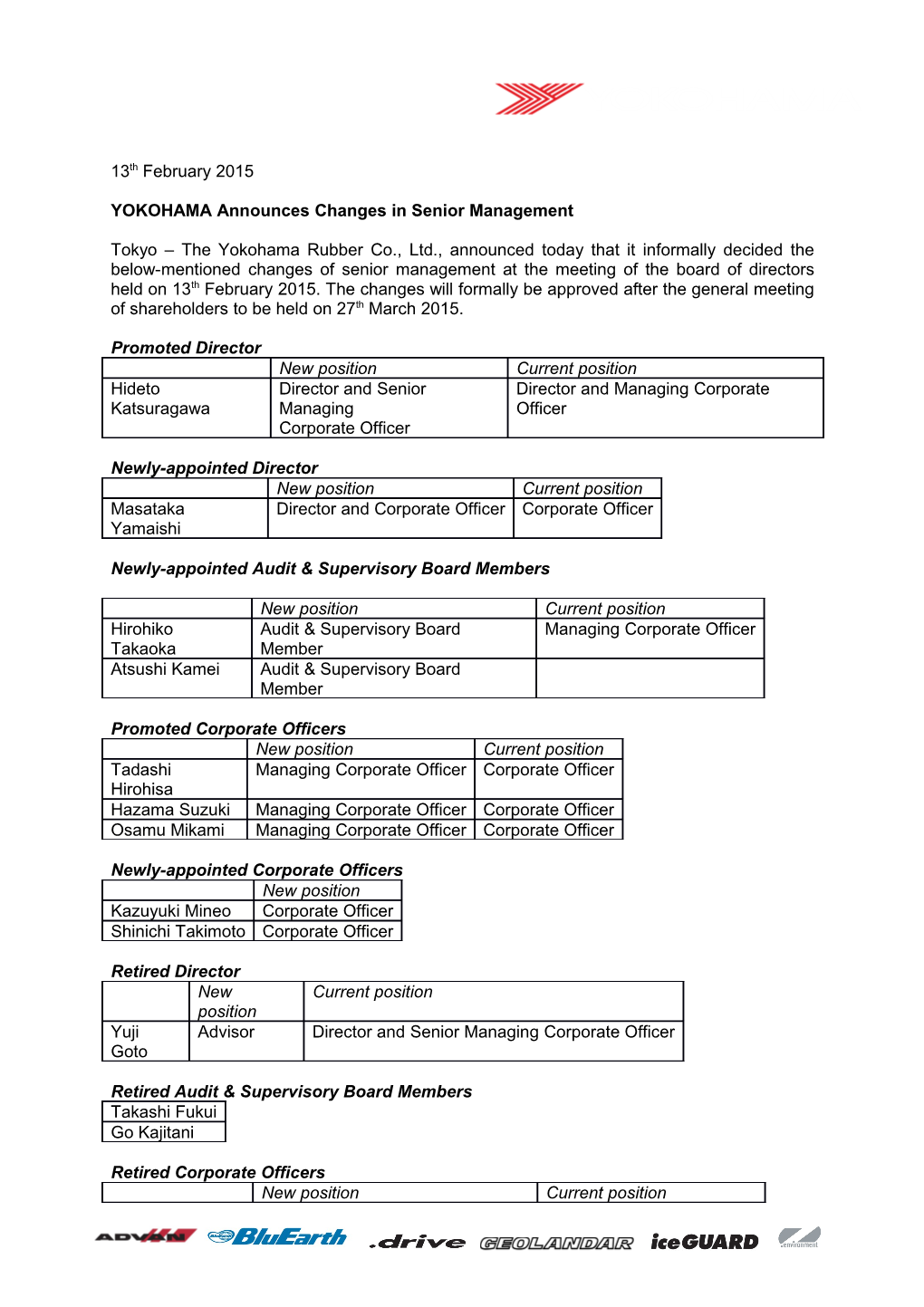 YOKOHAMA Announces Changes in Senior Management