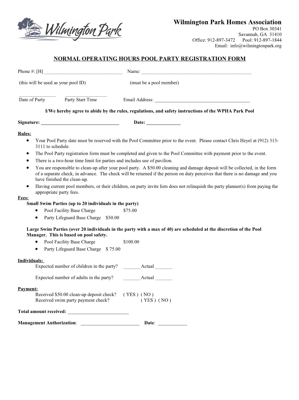 Normal Operating Hours Pool Party Registration Form