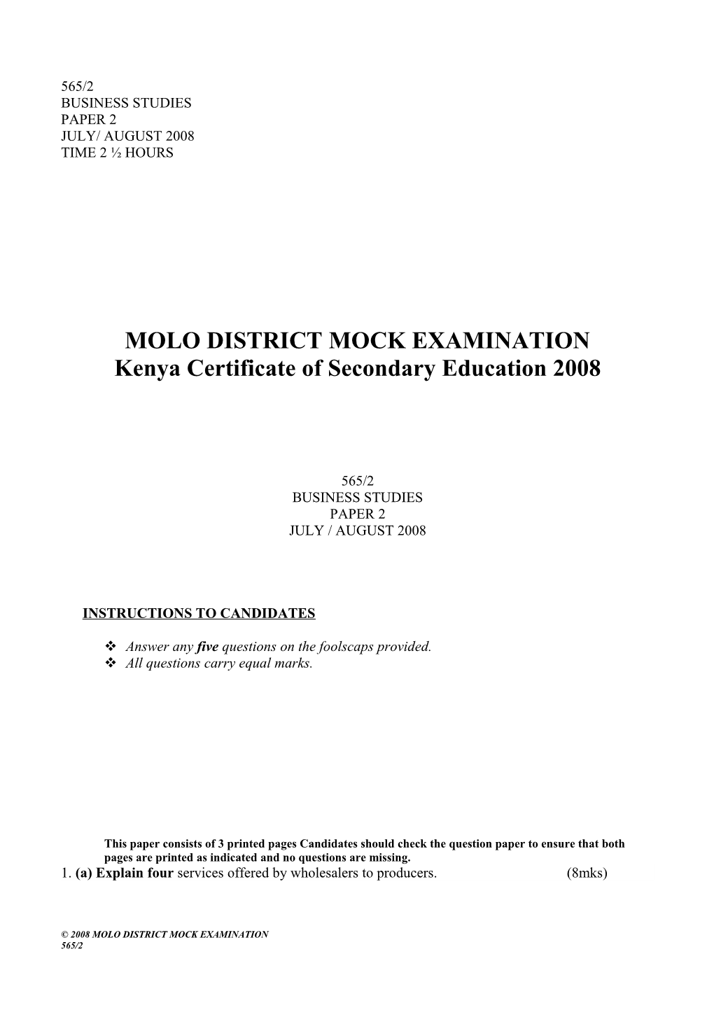 Molo District Mock Examination s1