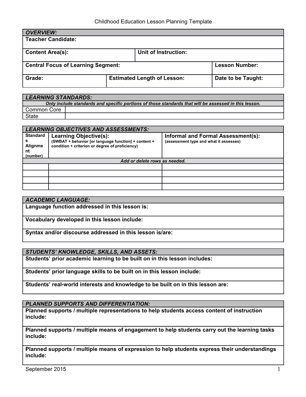 Childhood Education Lesson Planning Template
