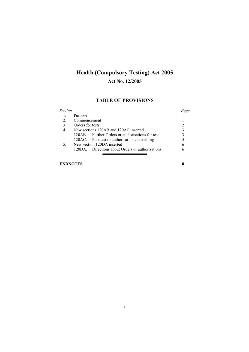 Health (Compulsory Testing) Act 2005