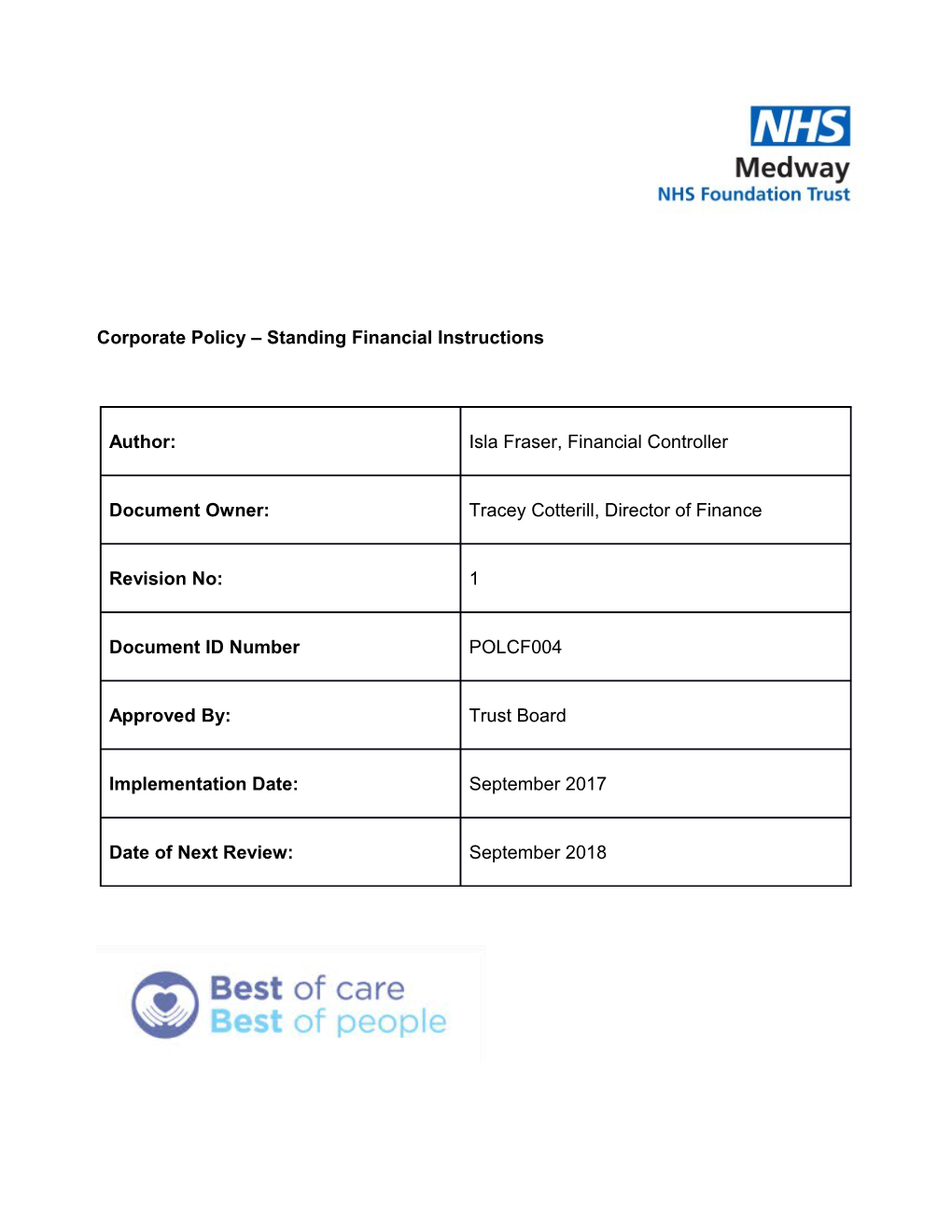 Corporate Policy Standing Financial Instructions