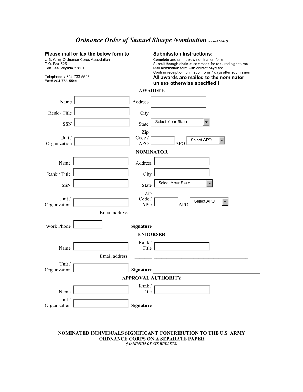 Ordnance Order of Samuel Sharpe Nomination Form