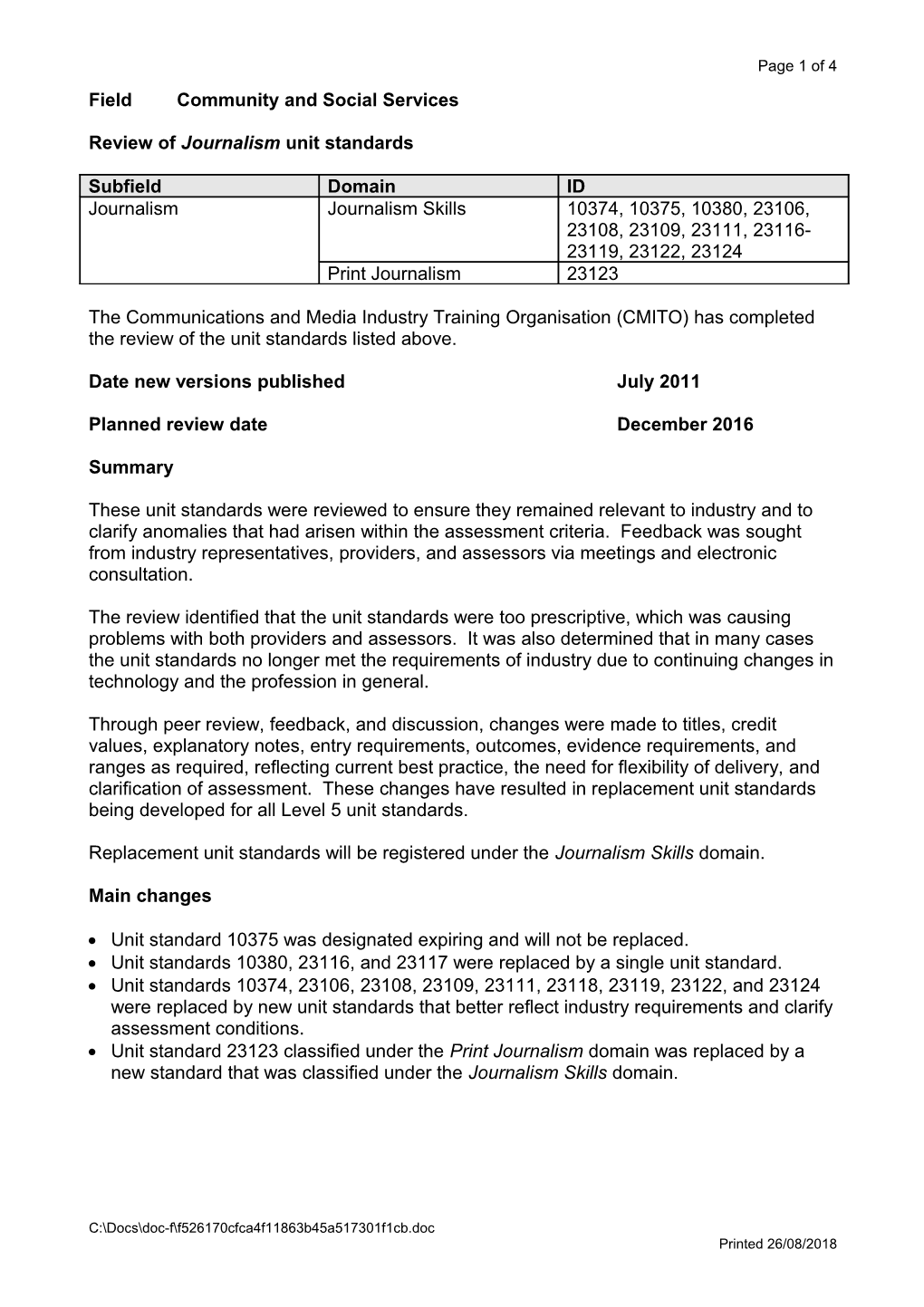 Review of Journalism Unit Standards