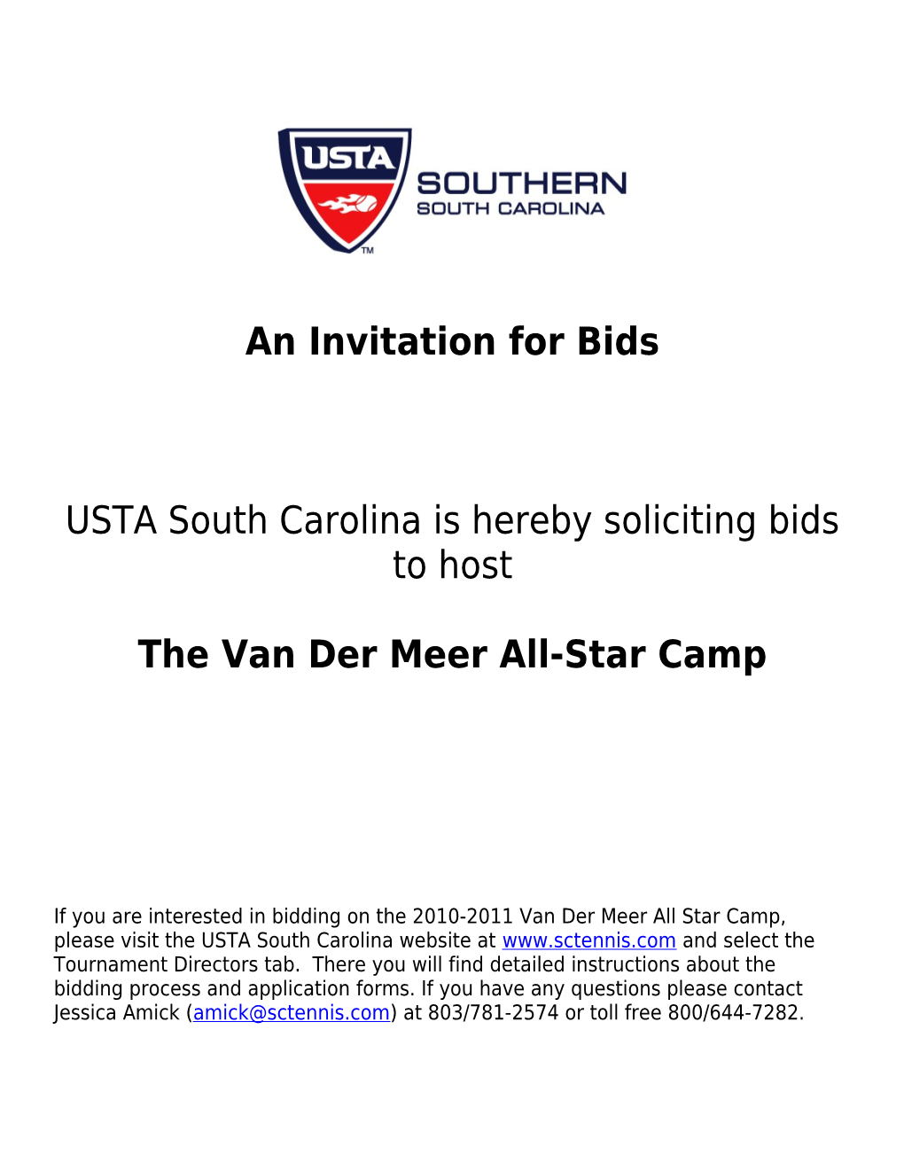 USTA South Carolina Is Hereby Soliciting Bids to Host