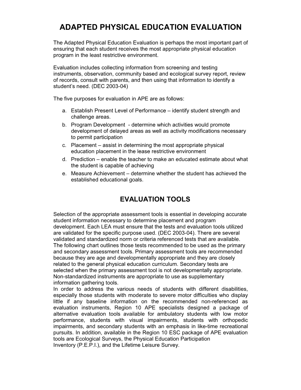 Adapted Physical Education Evaluation