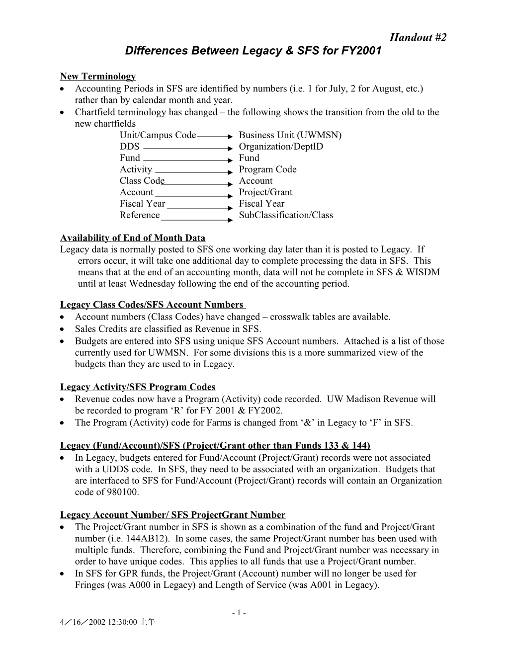 Differences Between Legacy & SFS for FY2001