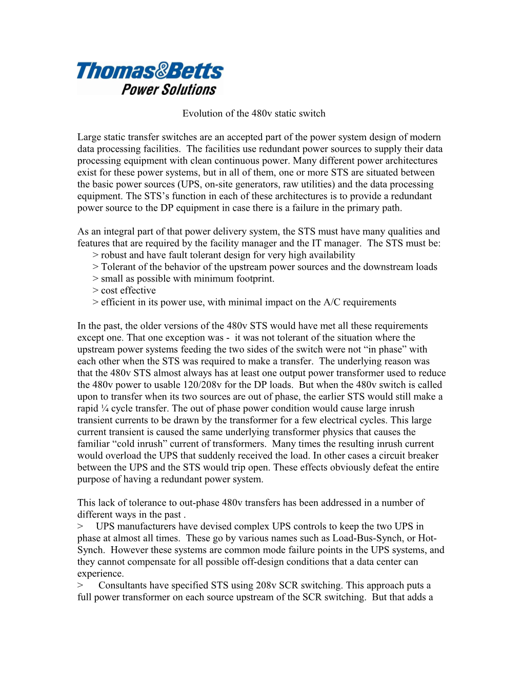 Evolution of the 480V Static Switch