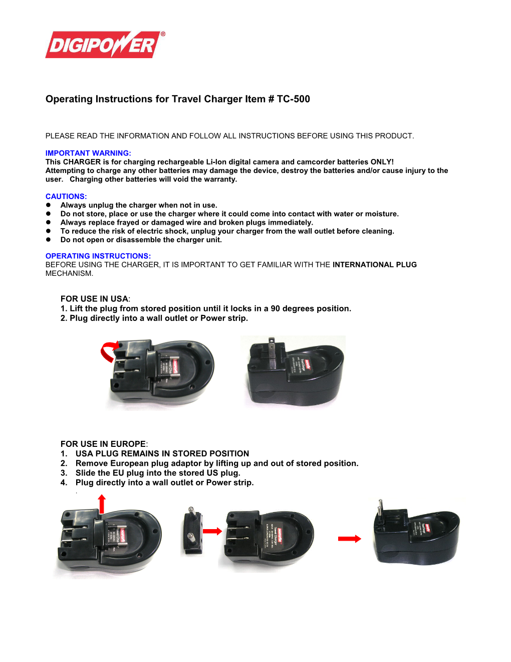 Operating Instructions for Travel Charger