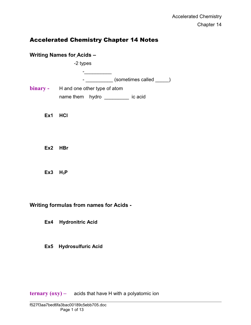 Accelerated Chemistry Chapter 14 Notes