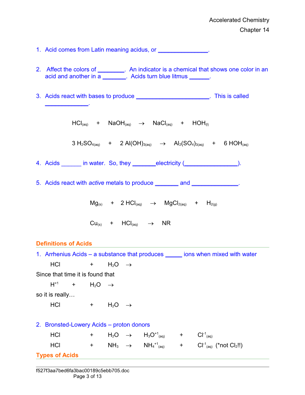 Accelerated Chemistry Chapter 14 Notes
