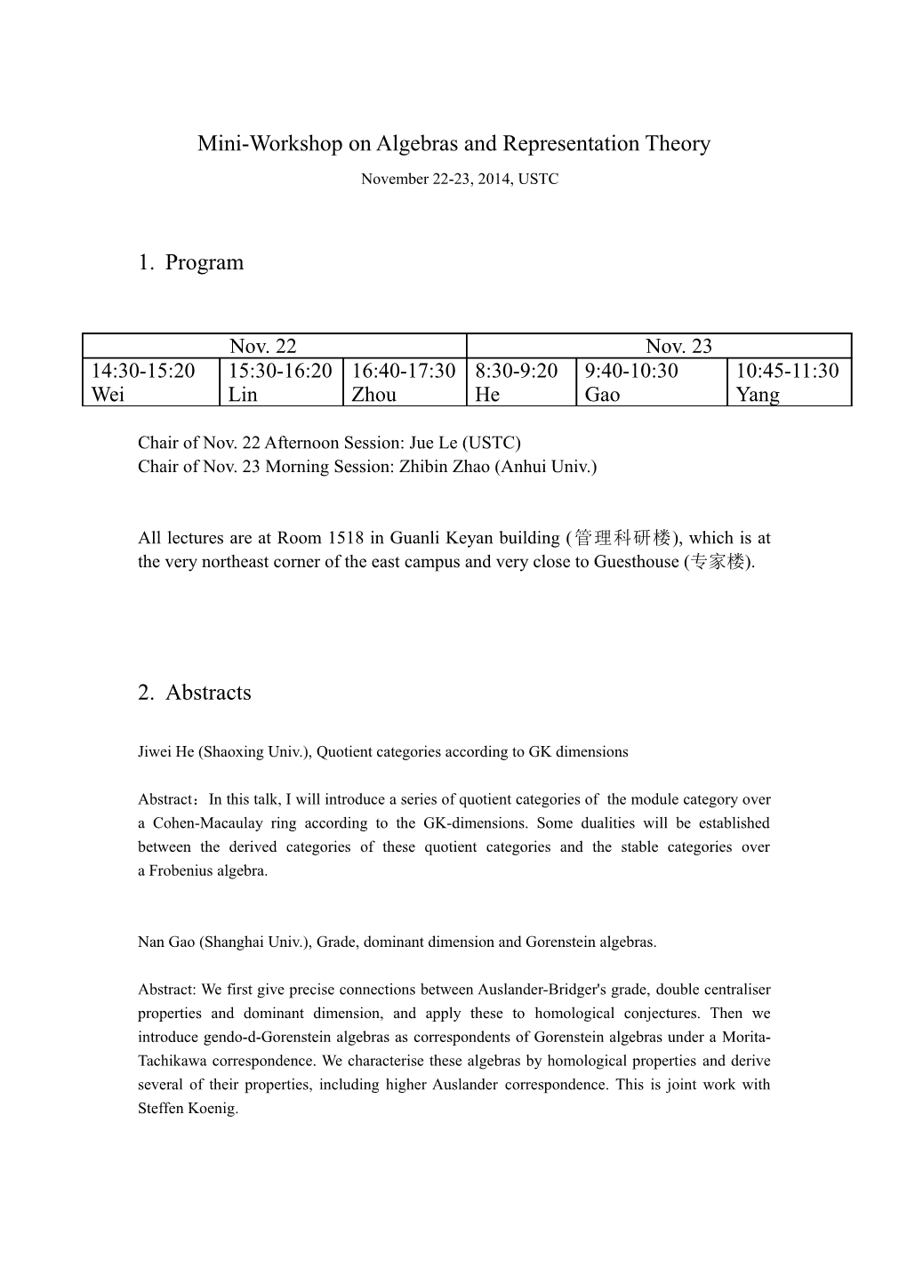 Mini-Workshop on Algebras and Representation Theory