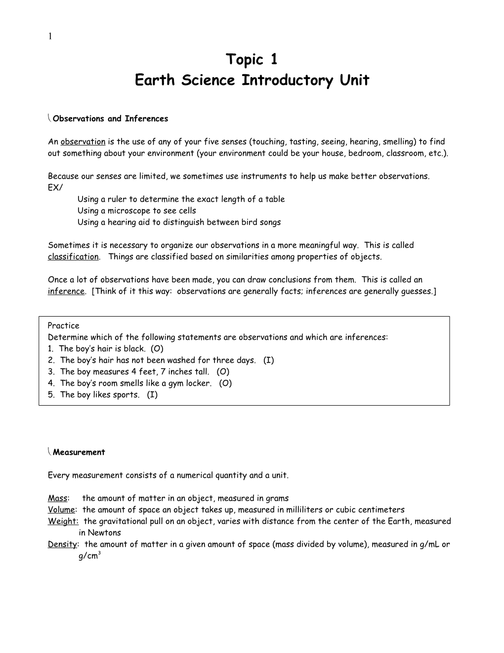 Earth Science Introductory Unit