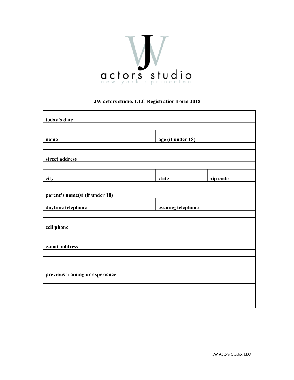 JW Actors Studio, Llcregistration Form2018