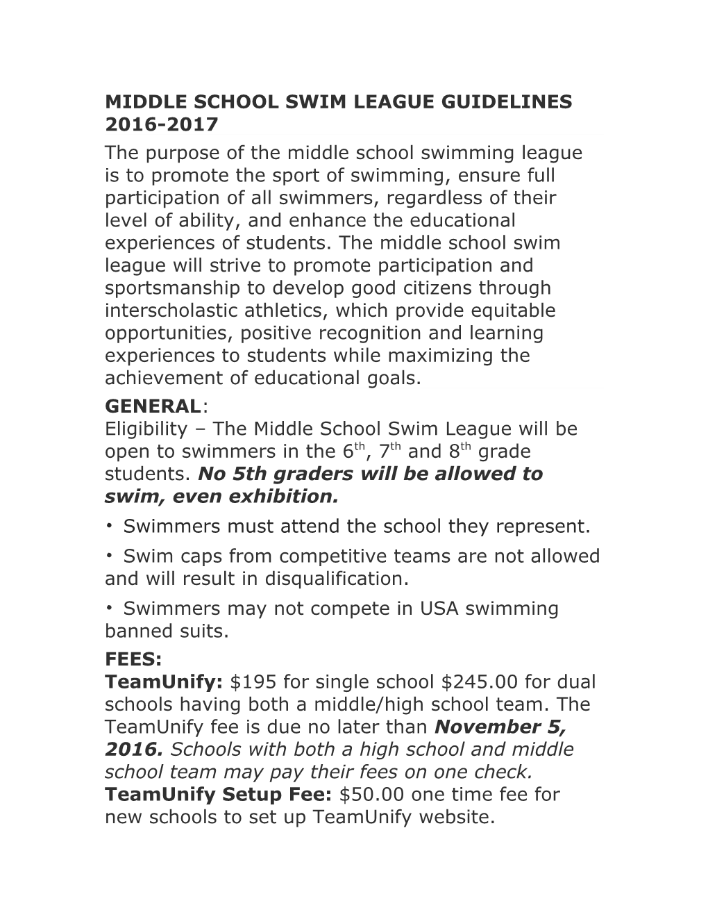 Middle School Swim League Guidelines 2016-2017