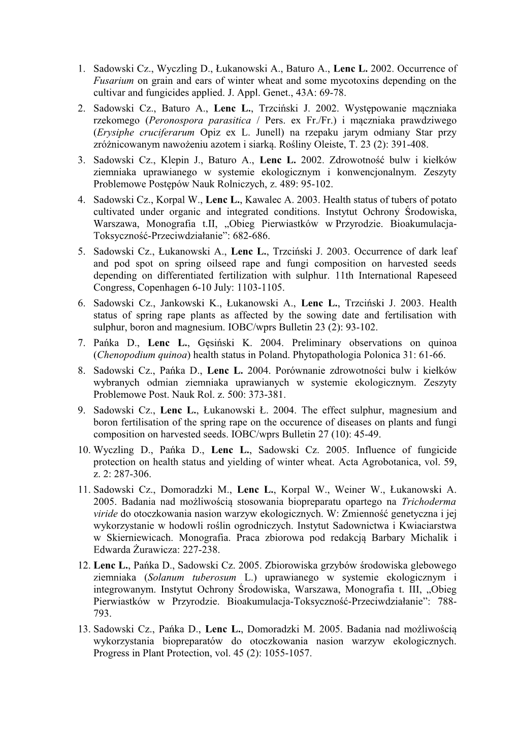 1. Sadowski Cz., Wyczling D., Łukanowski A., Baturo A., Lenc L. 2002. Occurrence of Fusarium