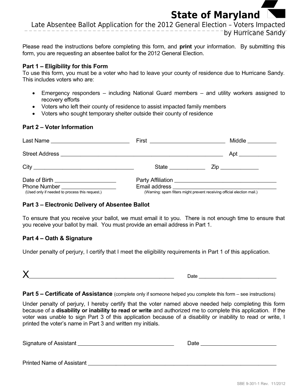 Late Absentee Ballot Application for the 2012 General Election Voters Impacted by Hurricane