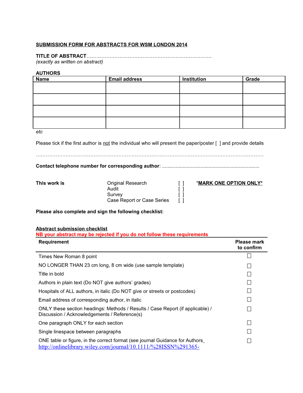 Submission Form for Abstracts for Wsm London 2014