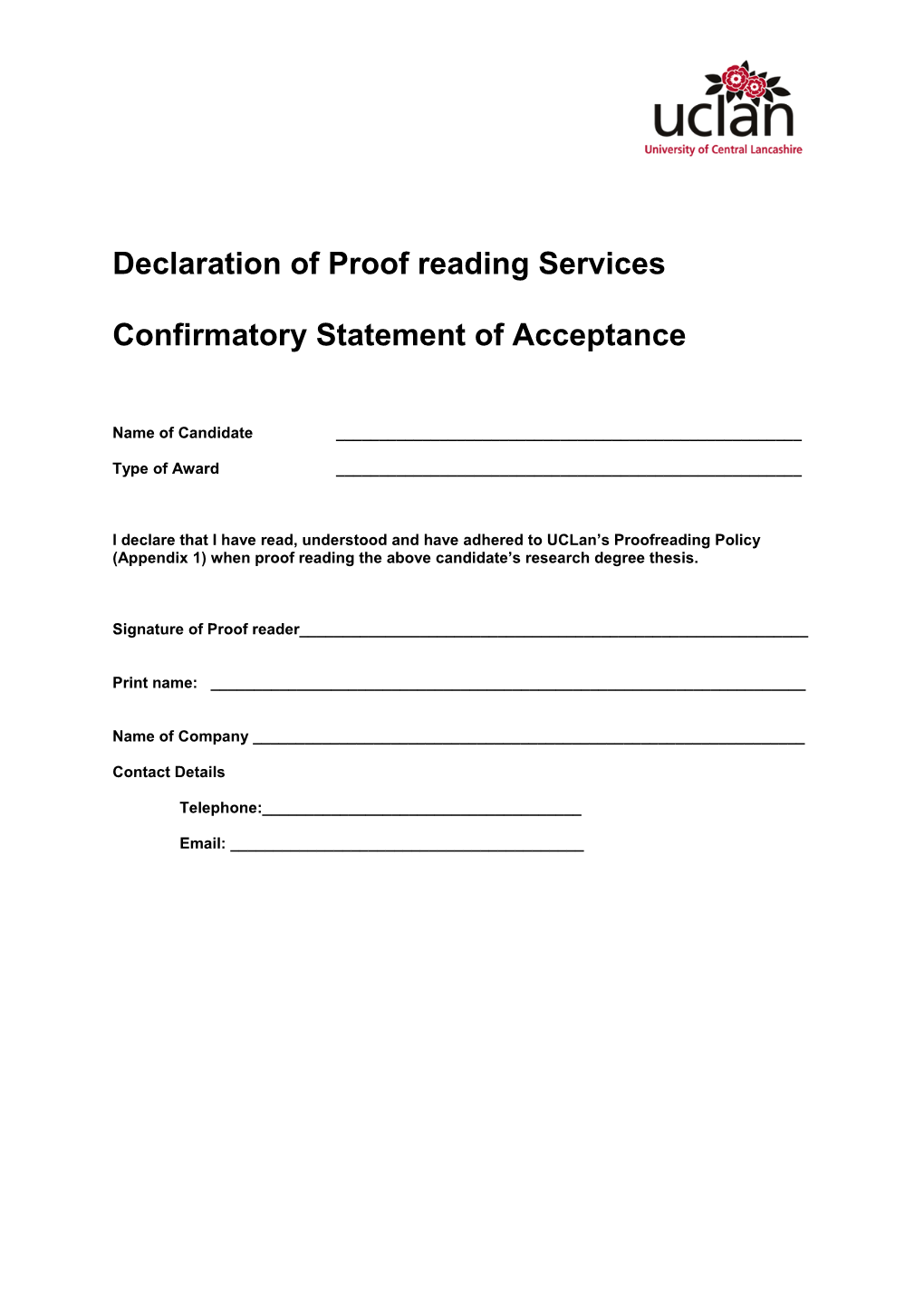 Declaration of Proofreading Services