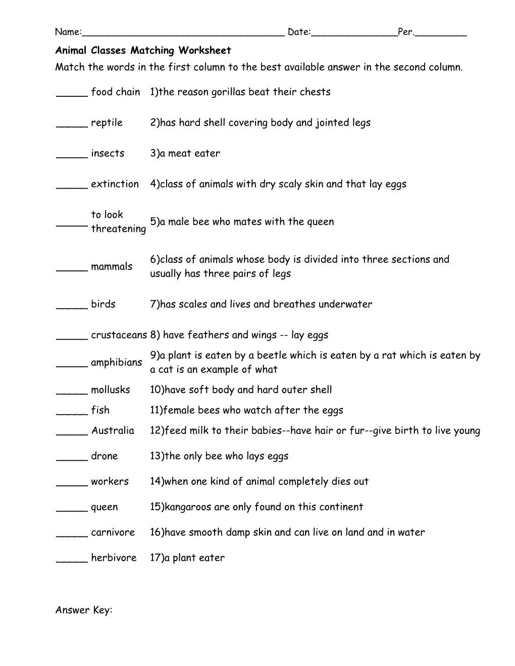 Animal Classes Matching Worksheet