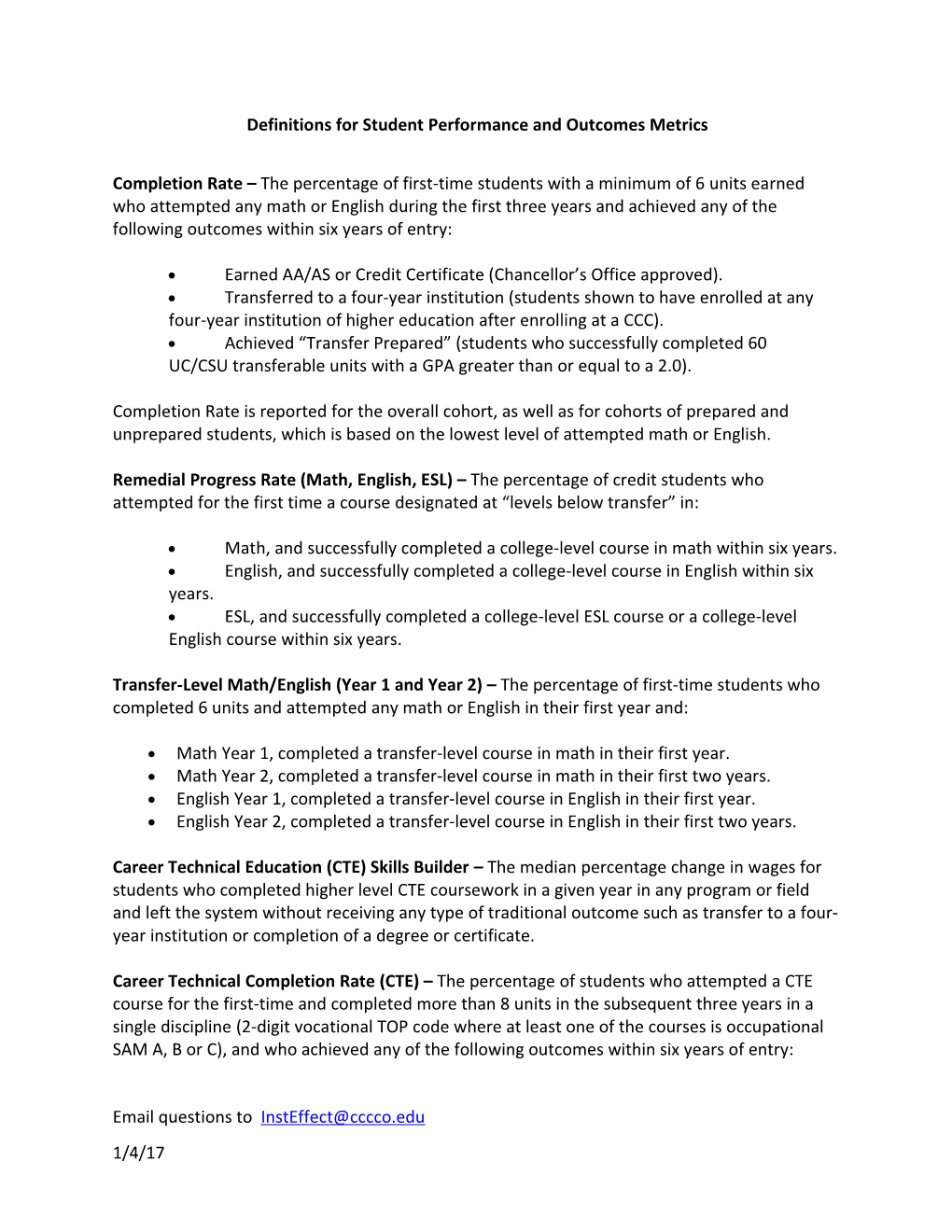 Definitions for Student Performance and Outcomes Metrics