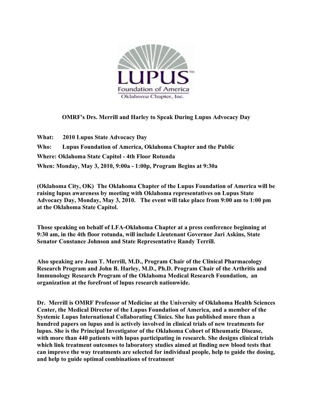 OMRF's Drs. Merrill and Harley to Speak During Lupus Advocacy Day