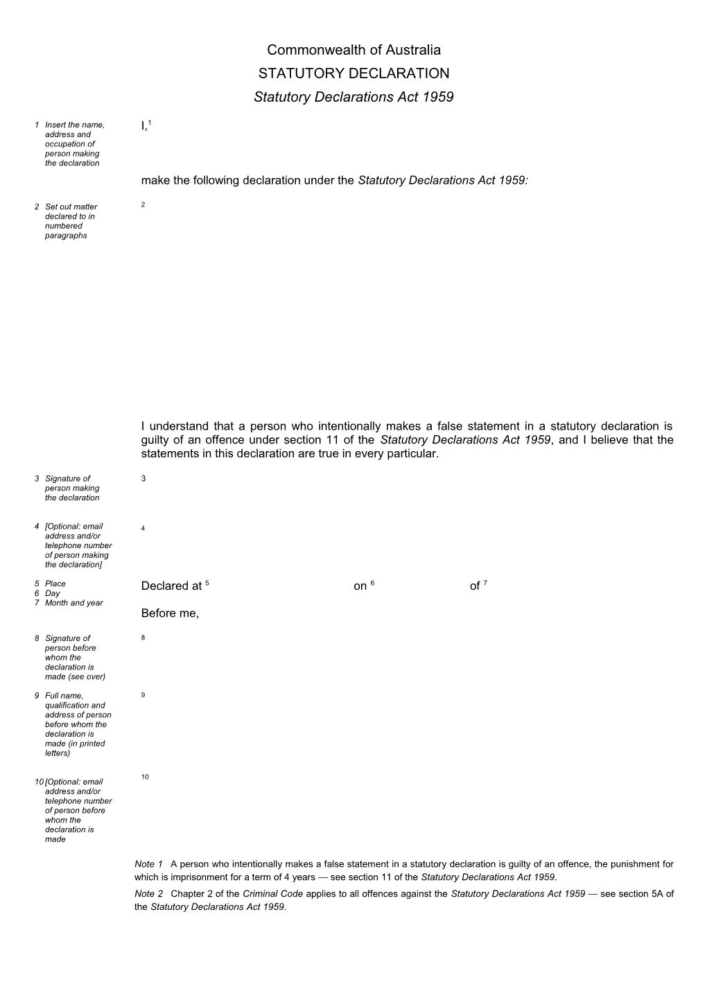 Commonwealth of Australia Statutory Declarations Form
