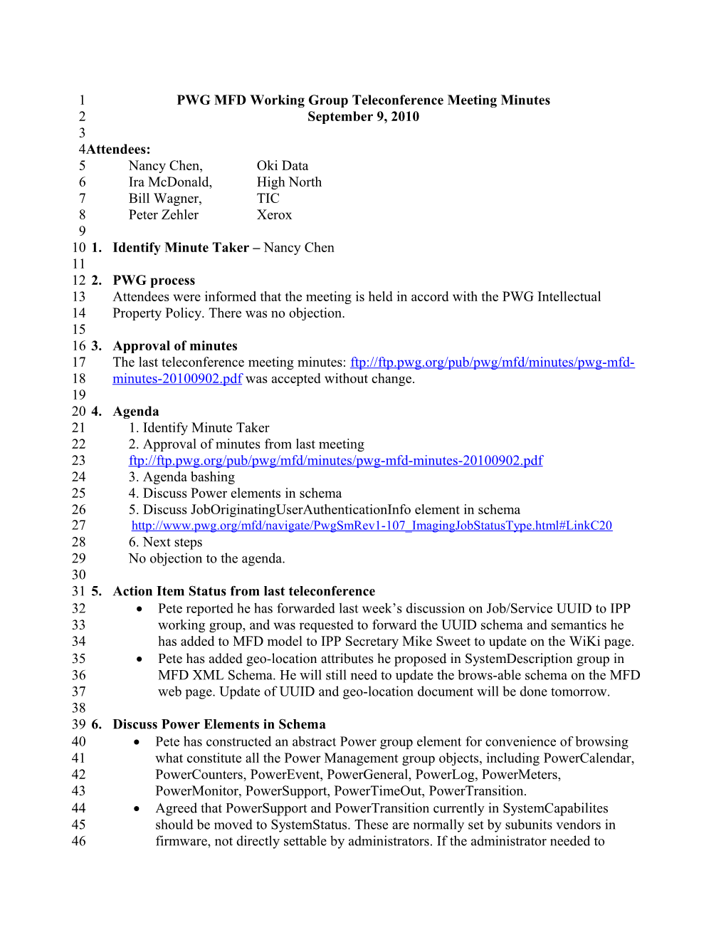 PWG MFD Working Group Teleconference Meeting Minutes