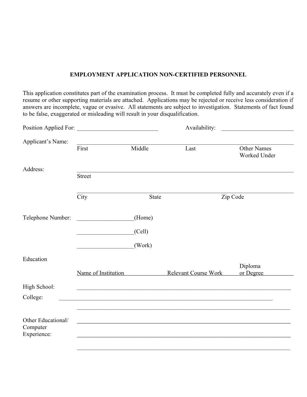 Employment Application Non-Certified Personnel