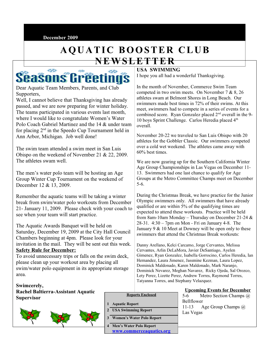 Aquatic Booster Club Newsletter