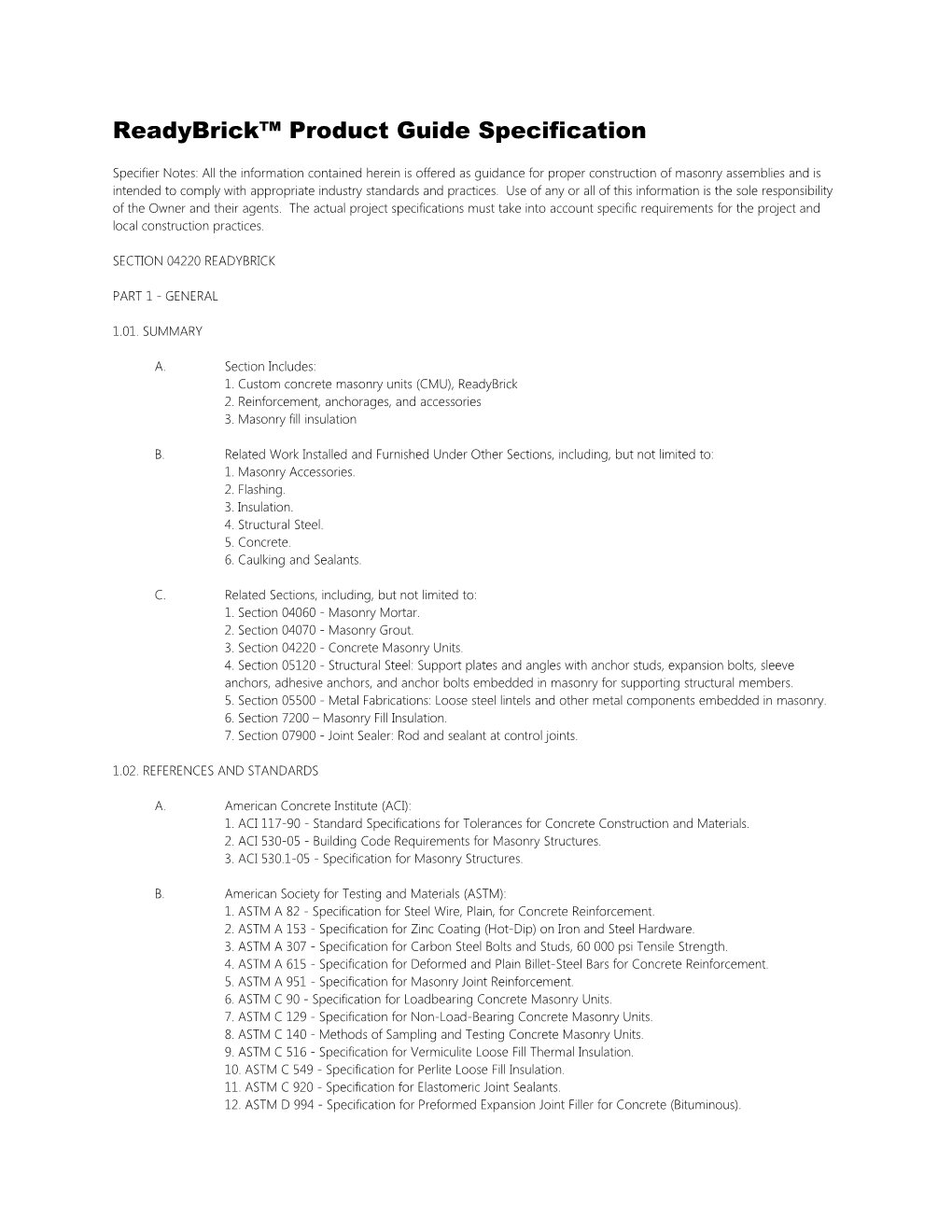 Readybrick Product Guide Specification