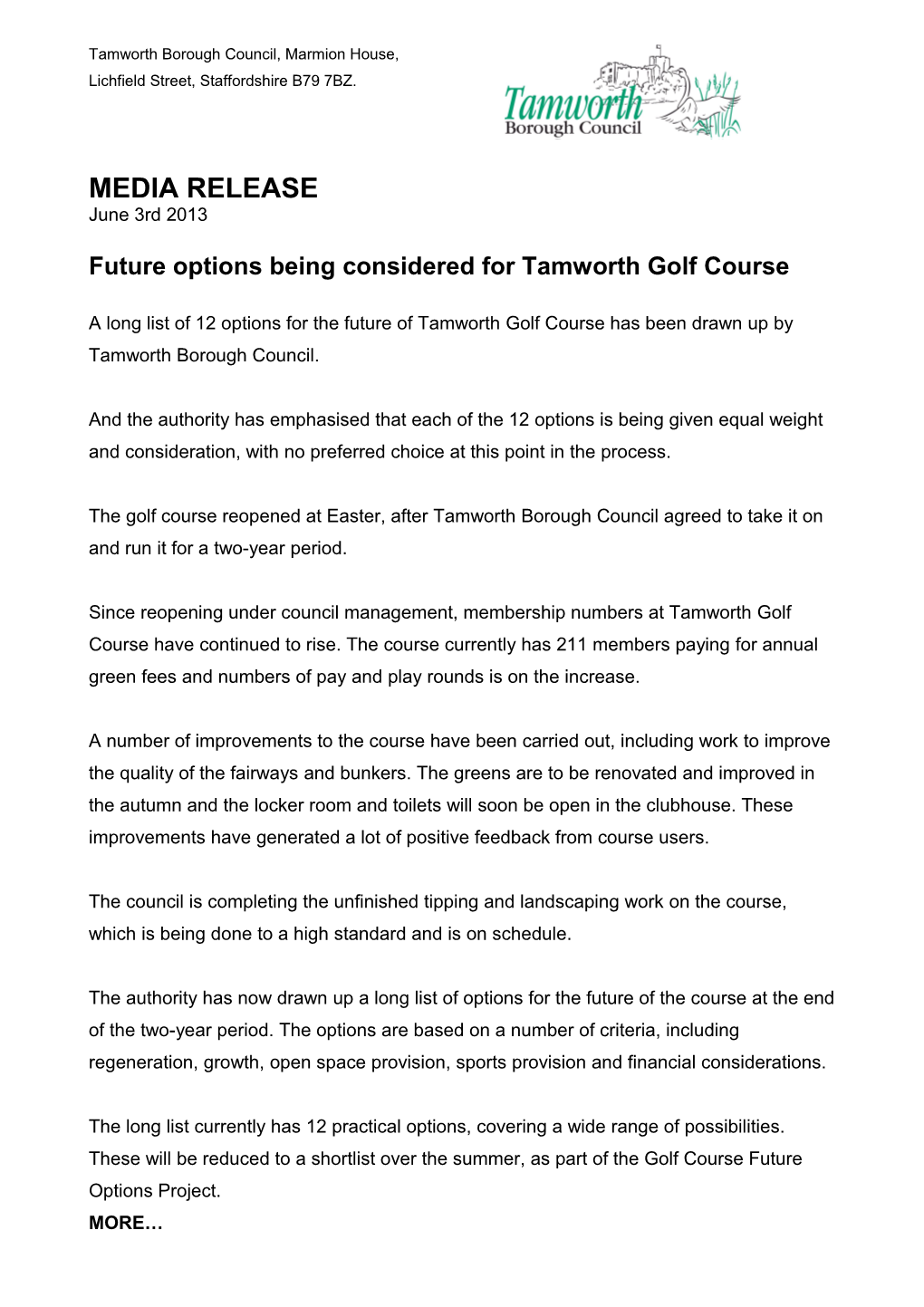 Future Options Being Considered for Tamworth Golf Course