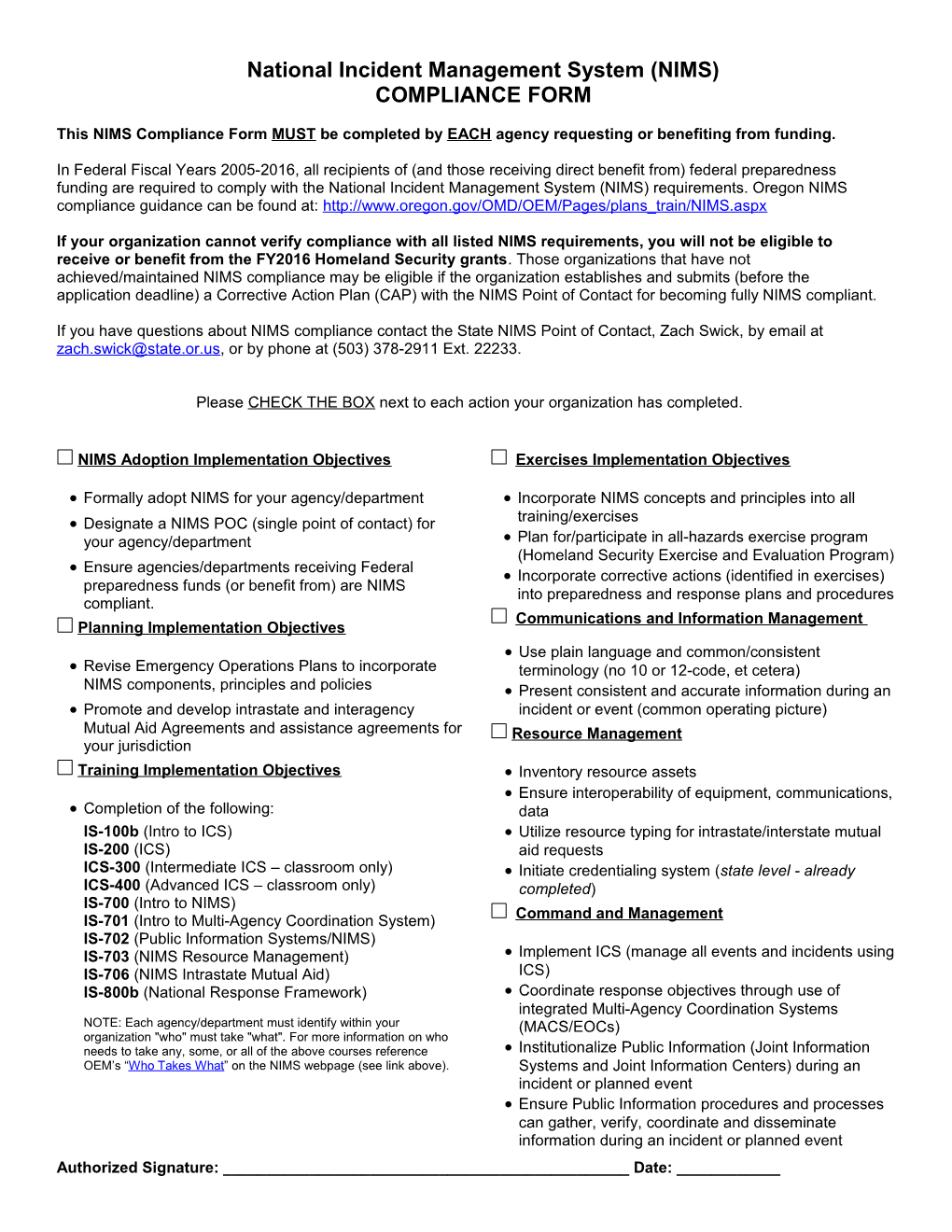 Fiscal Year 2016 NIMS Compliance Form