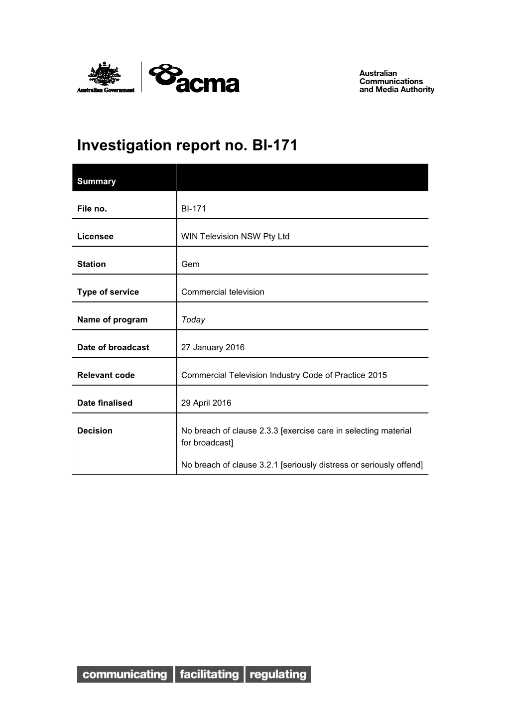 Investigation Report No. BI-171