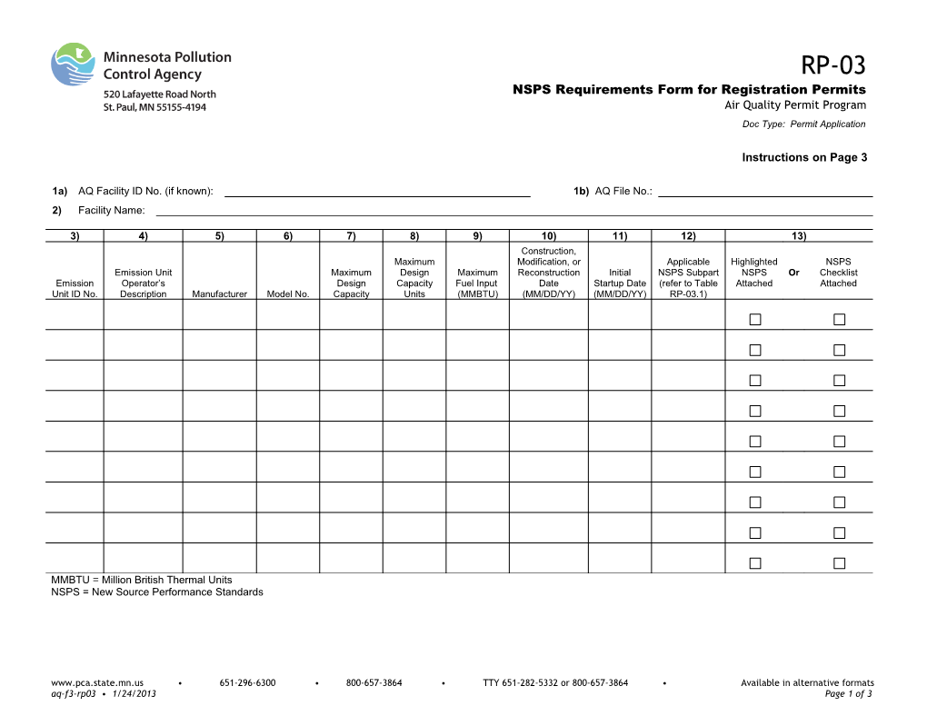 RP-03 NSPS Requirements Form for Registration Permits - Air Quality Permit Program