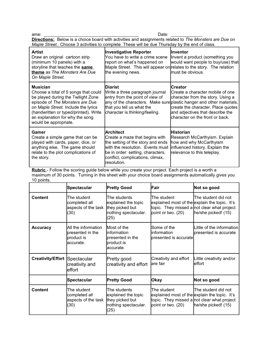 Rubric - Follow the Scoring Guide Below While You Create Your Project. Each Project Is